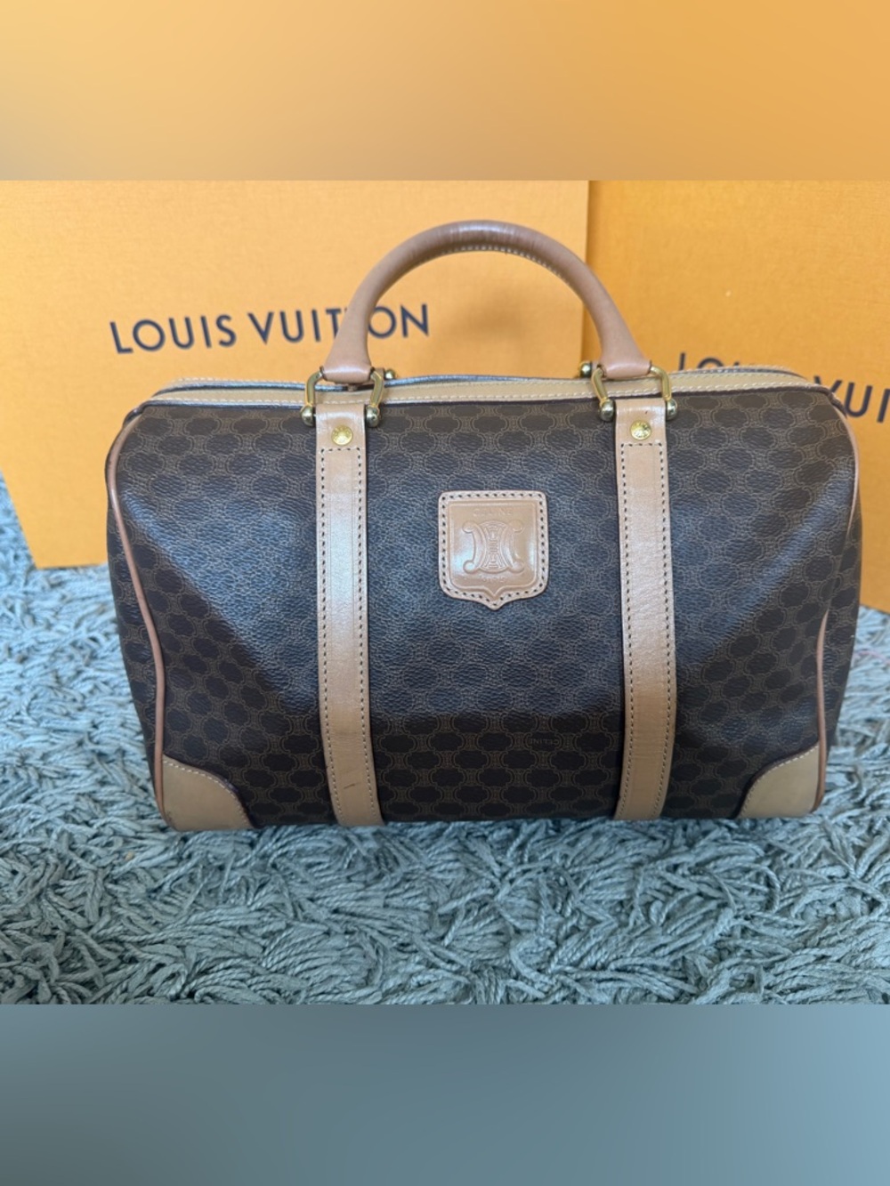 Celine Brown Patterned Canvas Duffel with Tan Leather Trim
